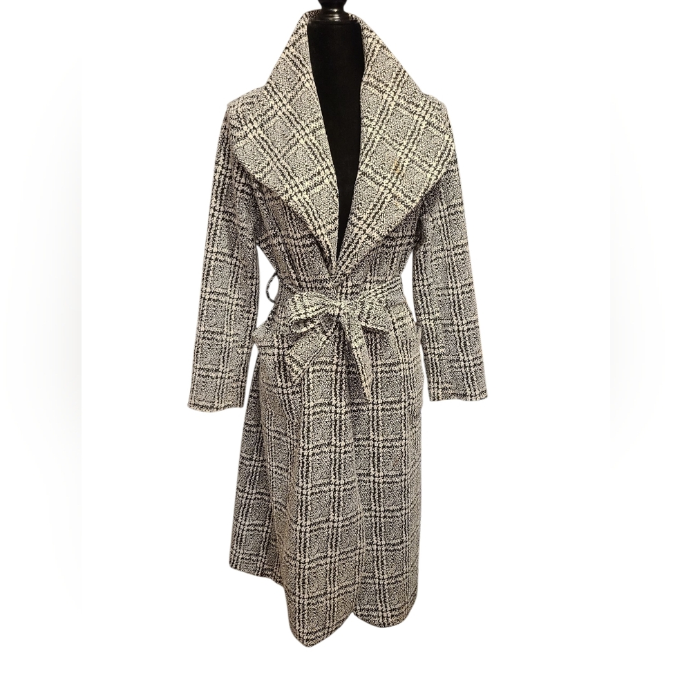 Shinestar Trenchcoat Tweed Black‎ and White Belted Shawl Collar Sz M - Picture 11 of 16